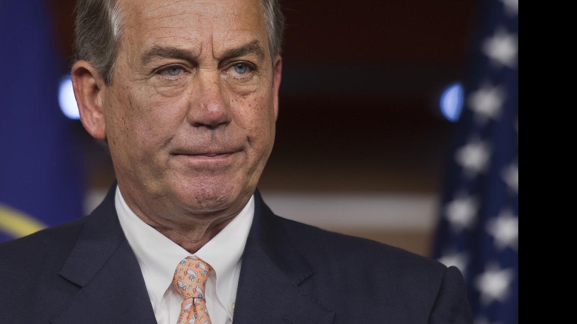 
House Speaker John Boehner, R-Ohio, speaks with reporters on July 9, 2015, on Capitol Hill in Washington. The dispute in Congress over the Confederate flag threatened on Friday to upend House Republican plans to move forward on routine spending legislation, amid concerns that Democrats could hijack the bills to debate the flag. House Republican aides said that a bill covering general government operations tentatively set for consideration next week would not be considered after all. 

