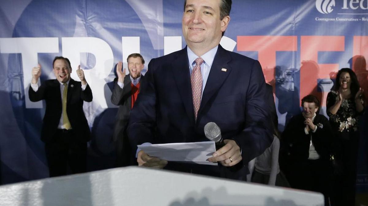 Republican presidential candidate, Sen. Ted Cruz, R-Texas, speaks during a caucus night rally Monday in Des Moines, Iowa.