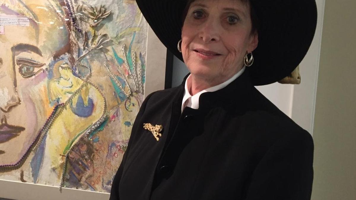 Susan Levy, mother of murder victim Chandra Levy, in front of her self-portrait, “A Mother’s Tears II,” at Artists & Makers Studios in Rockville, Md.