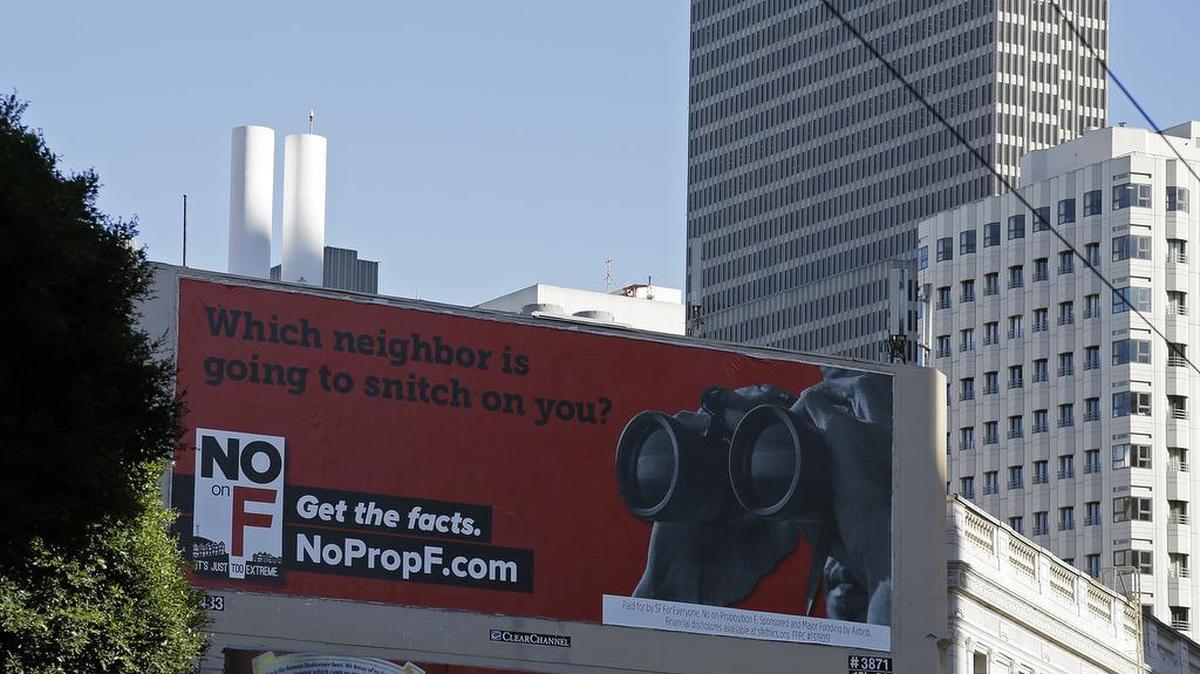 A billboard opposing ballot measure F that would place restrictions on short-term rentals in San Francisco is seen Thursday, Oct. 29, 2015. San Francisco rejected the measure to restrict Airbnb and similar operations in the city.