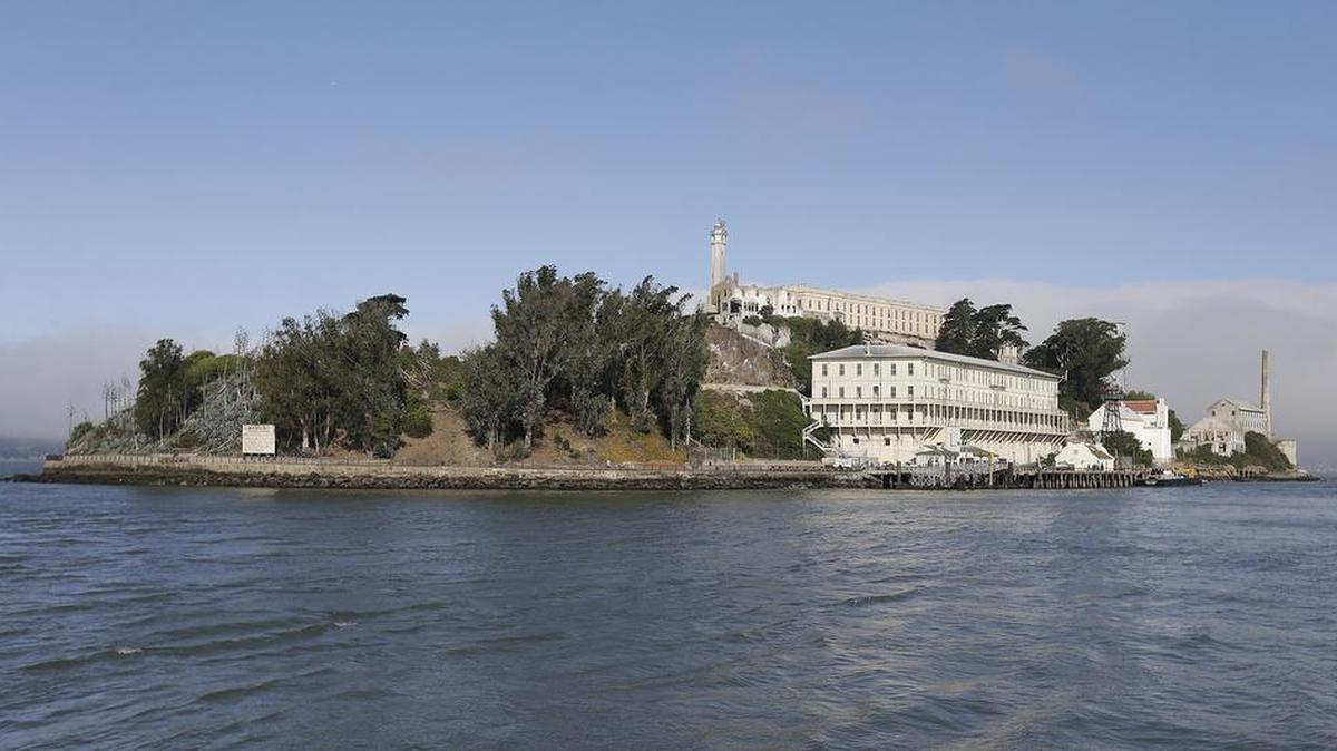 
Fog lingers behind Alcatraz Island Wednesday, July 1, 2015, in San Francisco. A great white shark was filmed recently devouring a seal just a few feet off the island.
