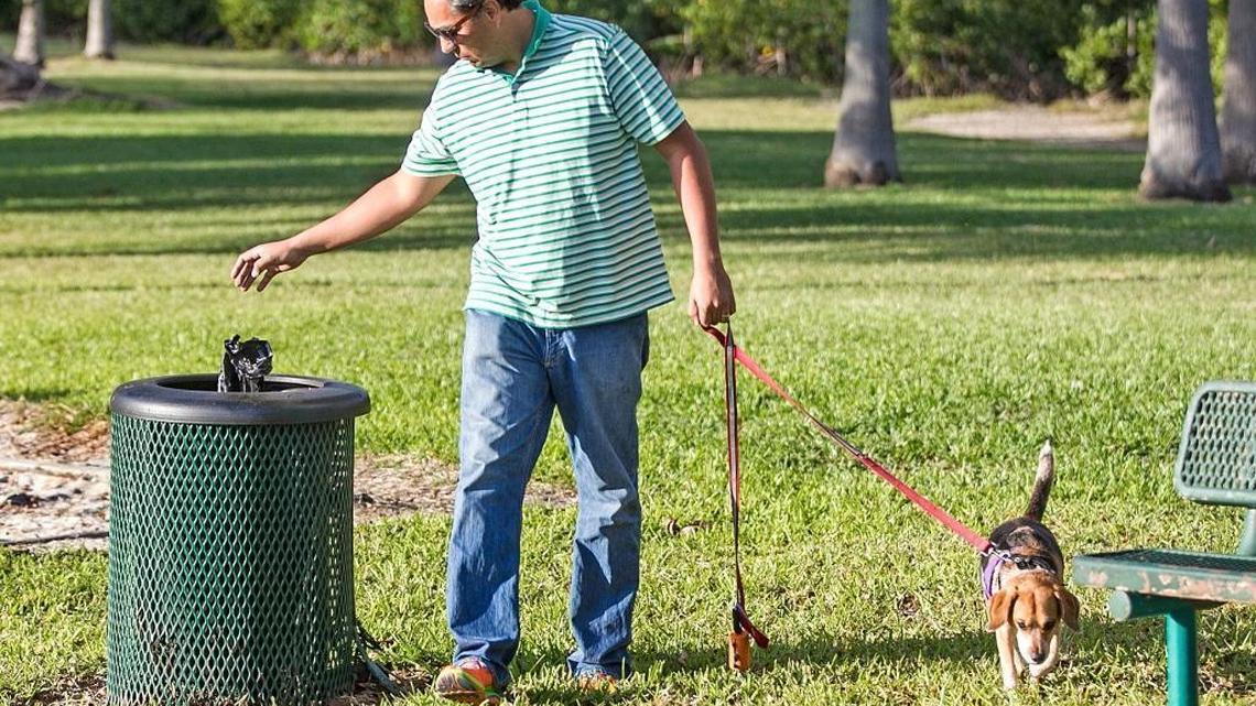 Emmanuel Cabrera Muñoz properly disposes of his dog’s poop at Kennedy Dog Park in Coconut Grove, Florida, on February 7, 2018