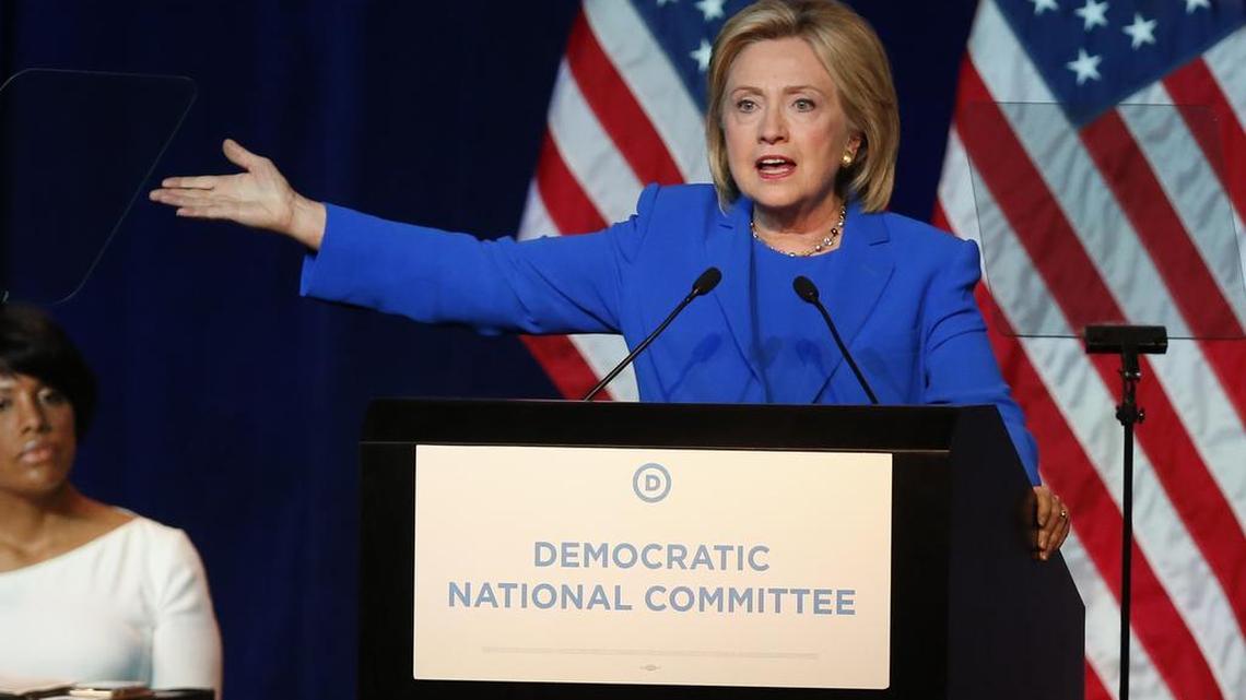 
Hillary Clinton addresses the summer meeting of the Democratic National Committee on Aug. 28, 2015, in Minneapolis. The State Department has begun to release, in chronological order, emails from her private server that were turned over to the government.
