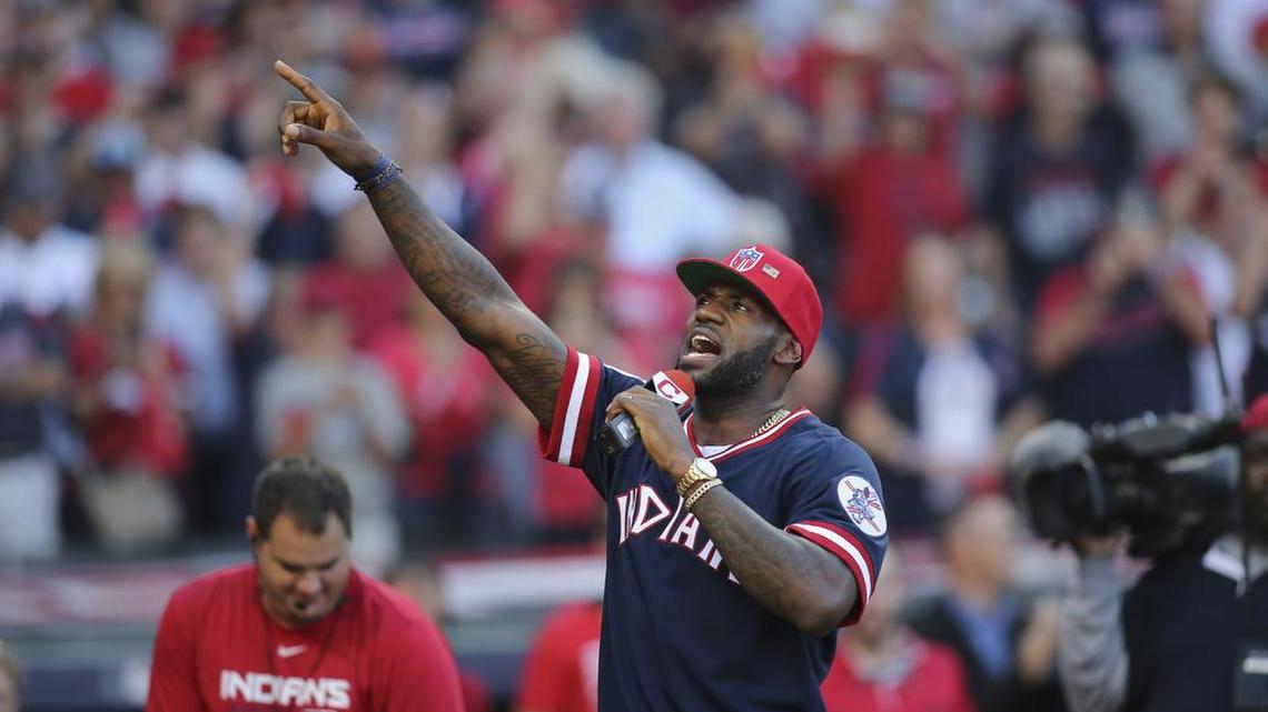 Cleveland Cavaliers' LeBron James speaks to fans before Game 2 of baseball's American League Division Series between the Cleveland Indians and the Boston Red Sox, Friday, Oct. 7, 2016, in Cleveland.