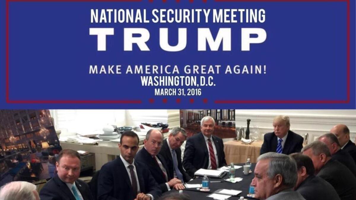 In this photo from President Donald Trump's Twitter account, posted on March 31, 2016, George Papadopoulos, third from left, sits with then-candidate Trump and others at what is labeled as a national security meeting in Washington. Papadopoulos, a former Trump campaign aide, has provided evidence in the first criminal case resulting from Special Counsel Robert Mueller’s investigation that connects Trump’s team and intermediaries for Russia seeking to interfere in the campaign.