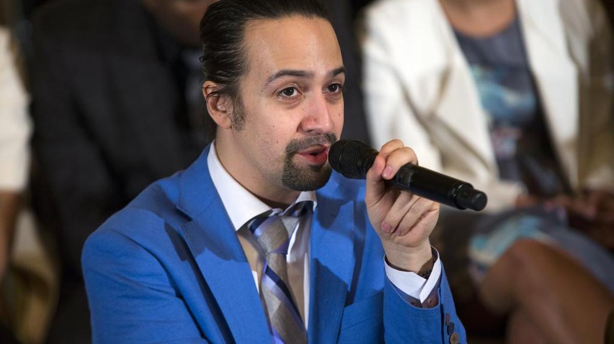 Actor Lin-Manuel Miranda speaks during an event with the cast of the Broadway play "Hamilton" in the East Room of the White House, on Monday, March 14, 2016, in Washington.