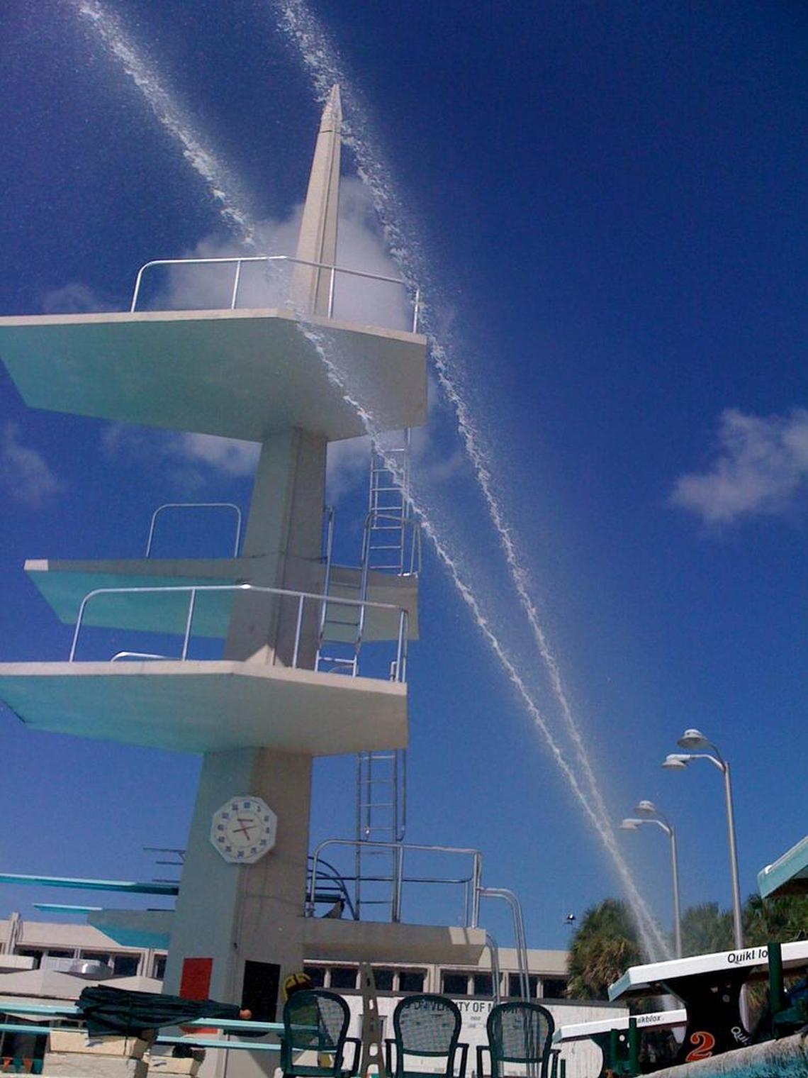 The dive tower at the University of Miami is an Olympics-sized 10 meter platform. That’s 33 feet from platform to pool surface, the same height a Destin man fell from roof to ground in Bali while chasing a monkey on a roof.