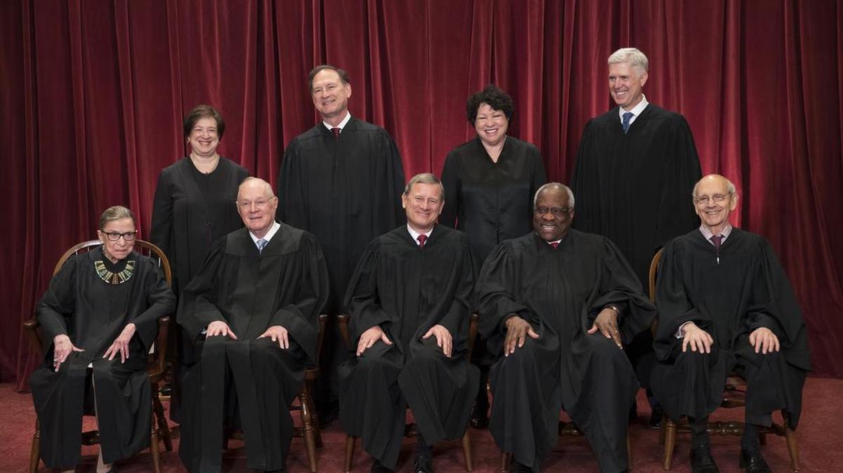 The justices of the U.S. Supreme Court gather for an official group portrait to include new Associate Justice Neil Gorsuch, top row, far right, Thursday. June 1, 2017, at the Supreme Court Building in Washington. Seated, from left are, Associate Justice Ruth Bader Ginsburg, Associate Justice Anthony Kennedy, Chief Justice John Roberts, Associate Justice Clarence Thomas, and Associate Justice Stephen Breyer. Standing, from left are, Associate Justice Elena Kagan, Associate Justice Samuel Alito Jr., Associate Justice Sonia Sotomayor, and Associate Justice Neil Gorsuch.