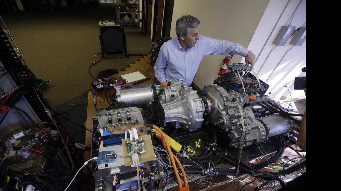 
Wrightspeed CEO Ian Wright explains the technology behind a electric-powered engine which will be used for FedEx delivery trucks at the company's headquarters Feb. 12 in San Jose, Calif. 
