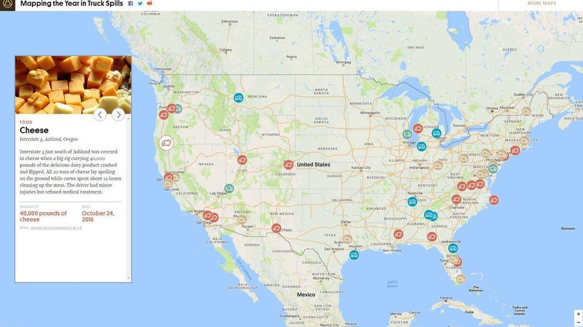 A screenshot of a map published by Atlas Obscura of various truck spills across the United States in 2016.