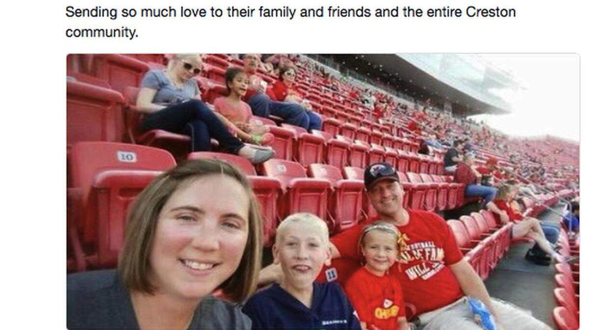 The bodies of Kevin, Amy, Sterling and Adrianna Sharp from Creston, Iowa, were found in a condominium in a tourist complex in Tulum, Mexico. This photo shared by a KCCI reporter shows the family at a Chiefs game at Arrowhead Stadium.