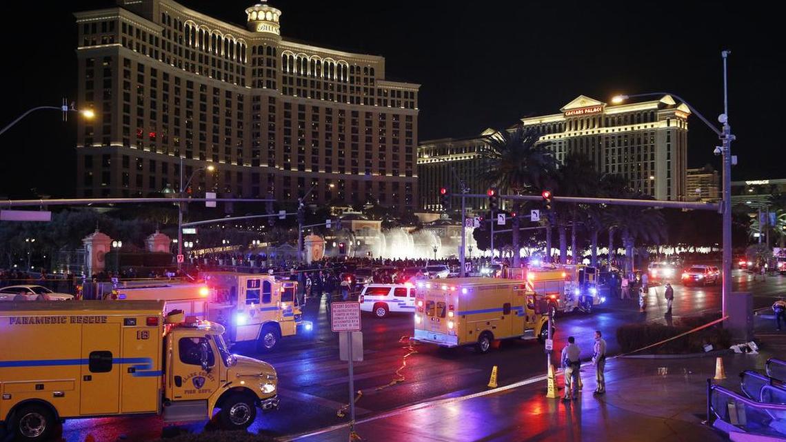 In this Dec. 20, 2015, photo, police and emergency crews respond to the scene of a car accident along Las Vegas Boulevard in Las Vegas, after a woman drove her car into a crowd of tourists outside the Planet Hollywood and Paris casino-hotels. Pedestrian deaths surged by an estimated 10 percent last year as the economy improved, the price of gas plunged and motorists put more miles behind the wheel than ever before, according to an analysis of preliminary state traffic fatality data.