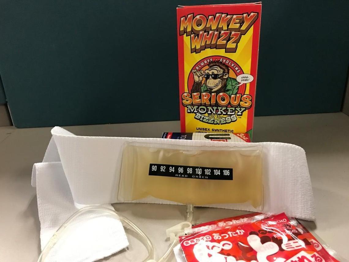 A Monkey Whizz kit includes an elastic belt, hand warmers and a temperature-sensitive strip on the pouch of synthetic urine.