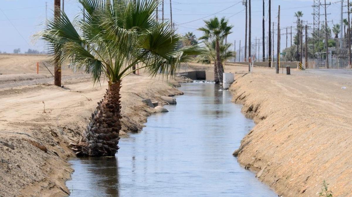 Agriculture drainage water to be treated enters the Panoche Drainage District’s Demonstration Selenium Treatment Plant via an irrigation ditch.