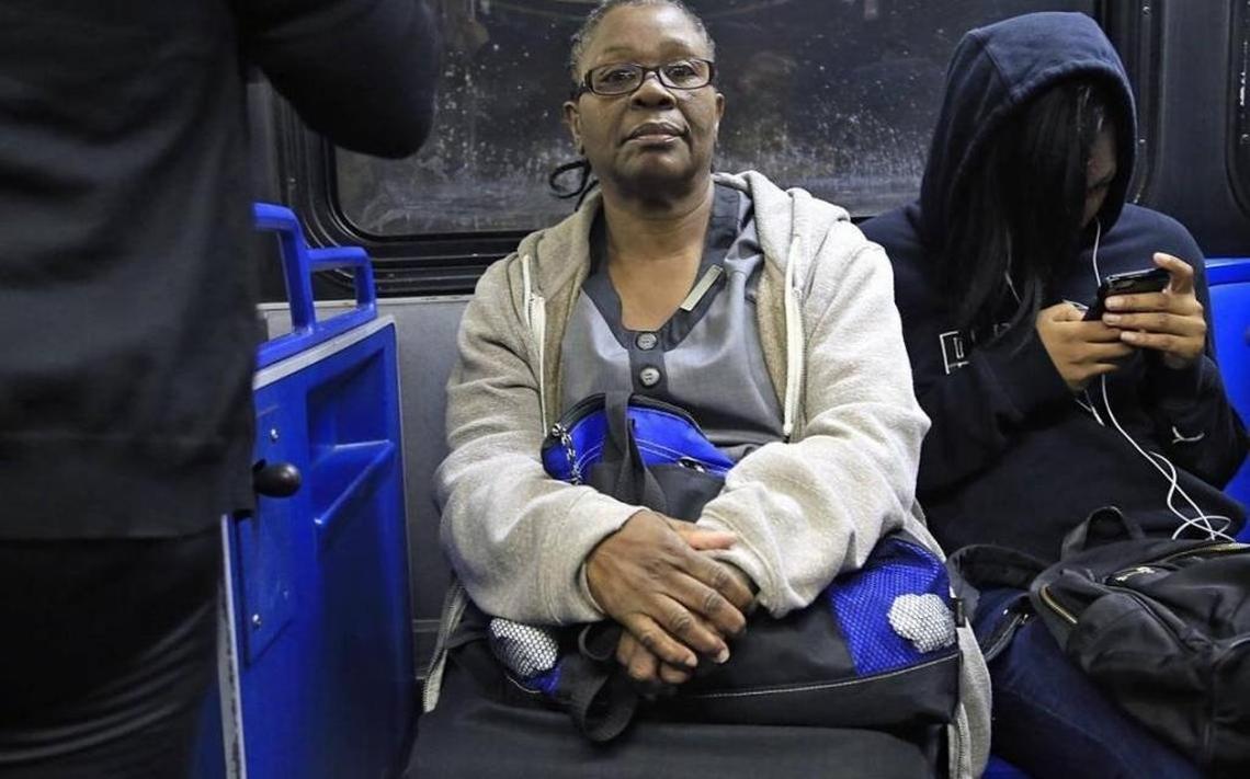 Fontainebleau housekeeper Odelie Paret on the bus to the Fontainebleau hotel in Miami Beach, a commute that round trip can take up to four hours. After hearing her story, Drake gave Paret a $10,000 shopping spree at Saks Fifth Avenue.