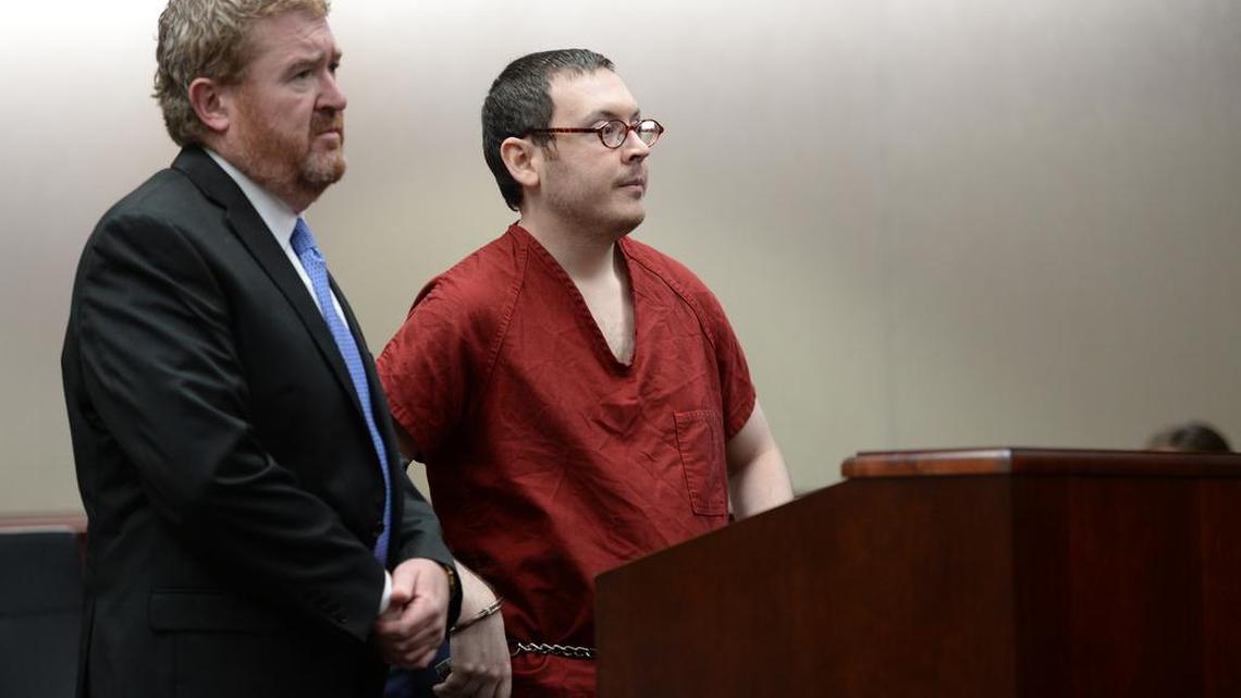 
Colorado theater shooter James Holmes appears in court, with his attorney Daniel King, to be formally sentenced, Wednesday, Aug. 26, 2015 in Centennial, Colo. Holmes was convicted of killing 12 people and injuring 70 others in the July 20, 2012 ambush. 
