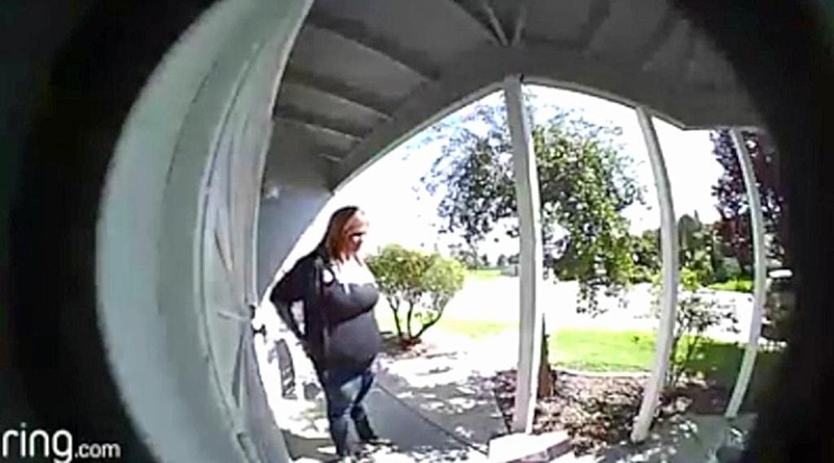 Surveillance video images, like this one of a woman on a Riverbank front porch, can help authorities identify and catch package thieves.