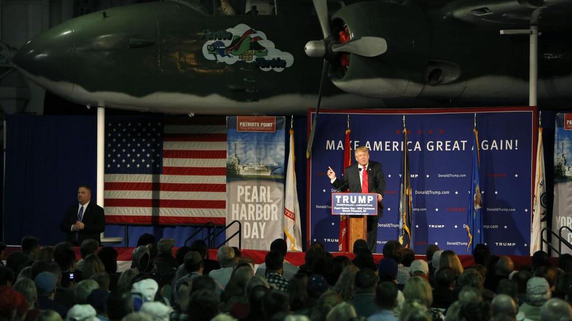 Republican presidential candidate Donald Trump speaks during a rally coinciding with Pearl Harbor Day at Patriots Point aboard the aircraft carrier USS Yorktown in Mount Pleasant, S.C., on Monday, Dec. 7, 2015.