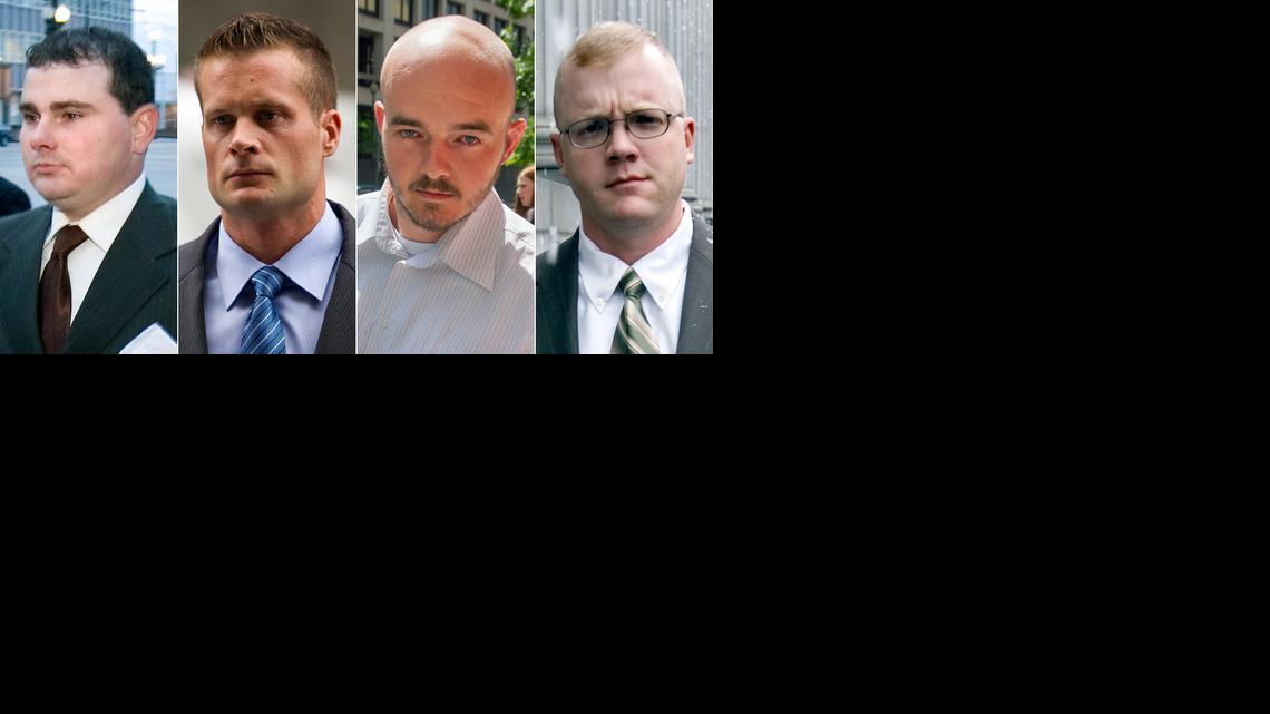
This combination made from file photo shows Blackwater guards, from left, Dustin Heard, Evan Liberty, Nicholas Slatten and Paul Slough. A years-long legal fight over a deadly mass shooting of civilians in an Iraq war zone reaches its reckoning point, when the former Blackwater security guards are sentenced for the rampage. Three of the guards, Heard, Liberty and Slough, face mandatory decades-long sentences because of firearms convictions. Slatten faces a penalty of life in prison after being found guilty of first-degree murder. 
