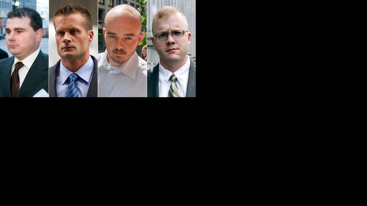 
This combination made from file photo shows Blackwater guards, from left, Dustin Heard, Evan Liberty, Nicholas Slatten and Paul Slough. A years-long legal fight over a deadly mass shooting of civilians in an Iraq war zone reaches its reckoning point, when the former Blackwater security guards are sentenced for the rampage. Three of the guards, Heard, Liberty and Slough, face mandatory decades-long sentences because of firearms convictions. Slatten faces a penalty of life in prison after being found guilty of first-degree murder. 
