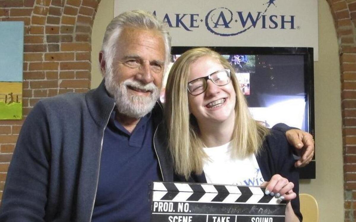 Jonathan Goldsmith, left, works on a public service announcement with Jamie Heath of Barre, Vt., on Monday at the Make-A-Wish Vermont office in Burlington, Vt. Goldsmith, who appeared for nine years as the “Most Interesting Man in the World,” in Dos Equis beer commercials, will star in public service announcements for Make-a-Wish Foundation Vermont. The Mexican beer brand recently dropped the 77-year-old for a younger replacement, who will appear in commercials later this year.