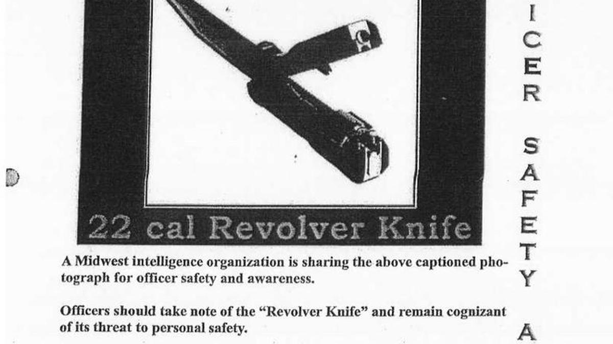This image provided by the Chicago Police Department shows an officer safety alert flyer the department issued in 2012 regarding a knife that's really a gun. On Friday, the city released more than 300 pages of police reports into the shooting death of Laquan McDonald by Officer Jason Van Dyke. Tucked into the reports is the December 2012 bulletin that warns officers about a "revolver knife," as well as a mention that Van Dyke remembered the bulletin.
