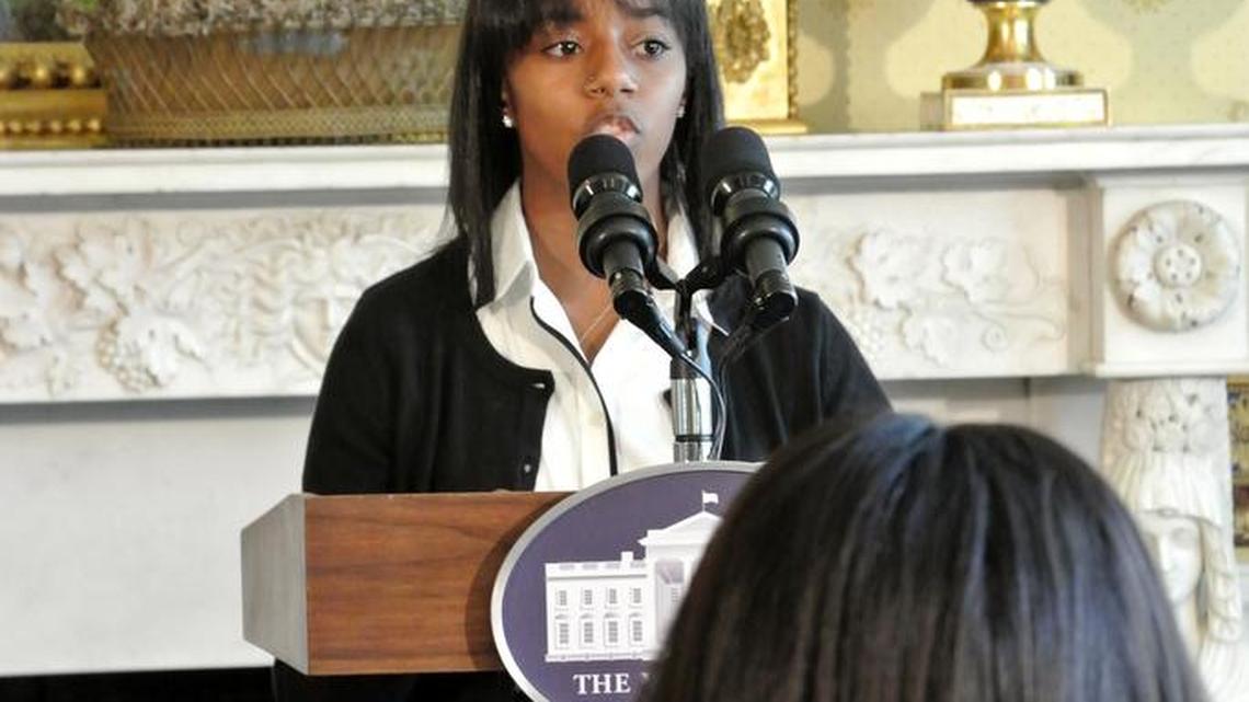 
Chasity Hale recites a poem in the Blue Room of the White House in Washington, Thursday, Oct. 8, 2015. Hale, a junior at Miami Arts Charter School, was honored as a National Student Poet, the nation’s highest honor for youth poets.
