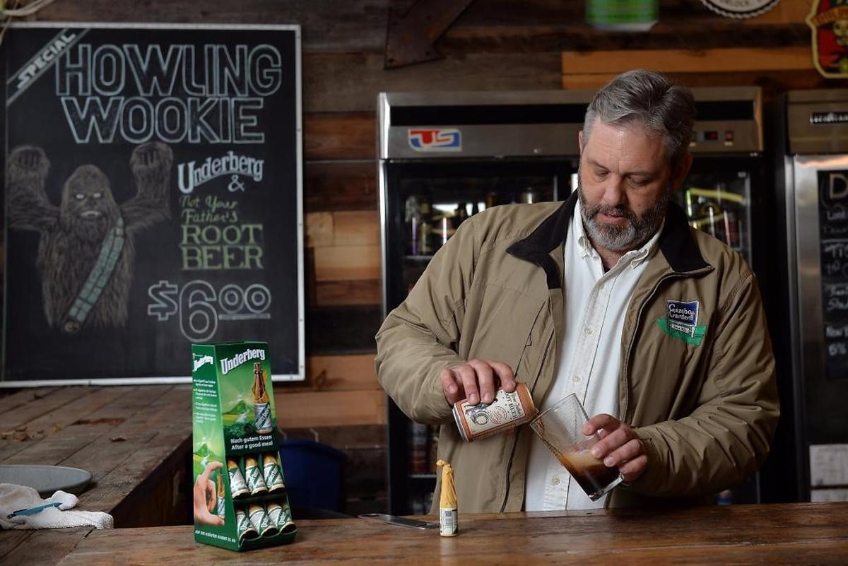 Gazebo Gardens owner Scott Miller makes a “Star Wars”-themed drink Howling Wookiee, a hard root beer mixed with Underberg bitters.
