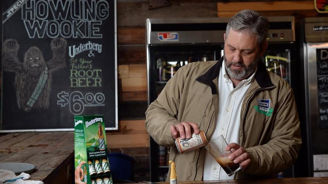 Gazebo Gardens owner Scott Miller makes a “Star Wars”-themed drink Howling Wookiee, a hard root beer mixed with Underberg bitters.