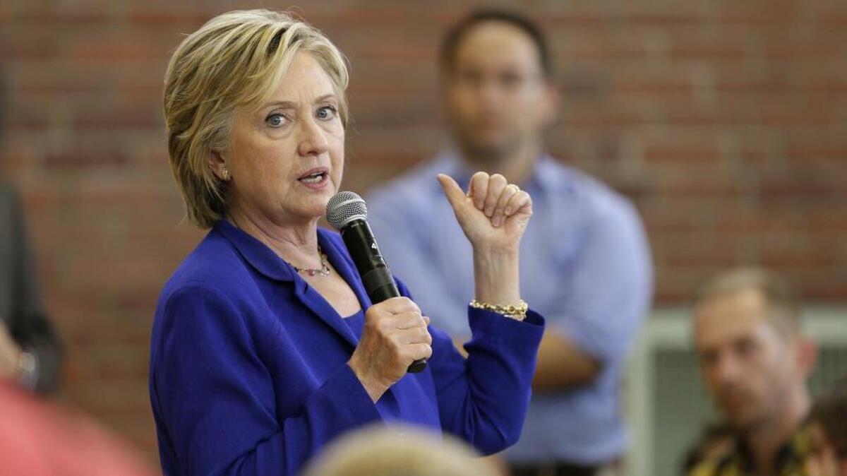 
Democratic presidential candidate Hillary Rodham Clinton speaks during a community forum on healthcare, Tuesday, Sept. 22, 2015, at Moulton Elementary School in Des Moines, Iowa. 
