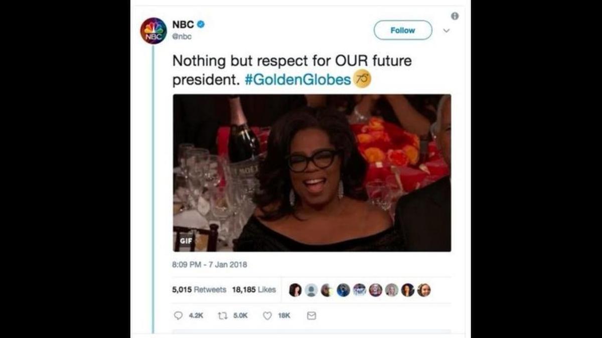 A now-deleted Twitter post by NBC appearing to endorse a presidential run by Oprah Winfrey has prompted an apology.