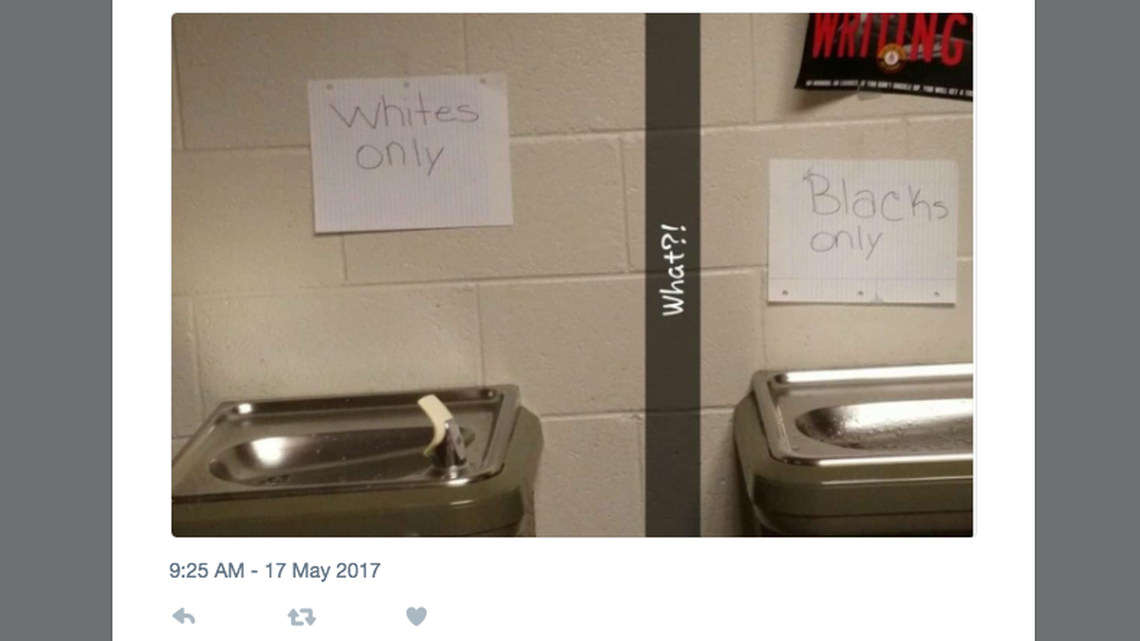 Signs were posted over drinking fountains at Churchland High School.