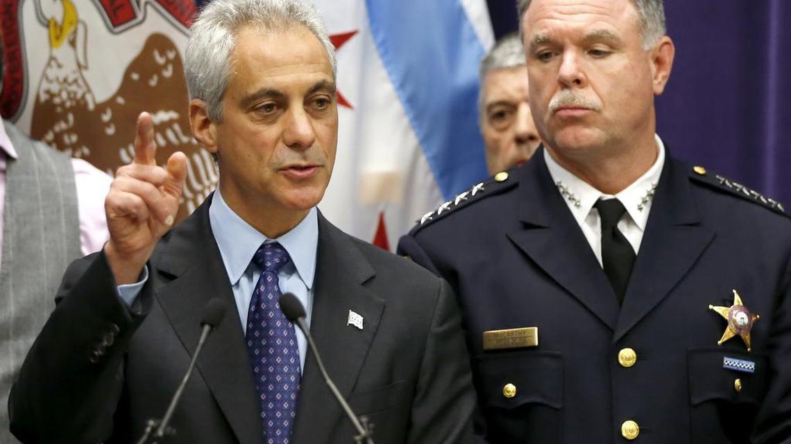 Chicago Mayor Rahm Emanuel, left, and Police Superintendent Garry McCarthy appear at a news conference, Nov. 24, 2015, in Chicago, announcing first-degree murder charges against police officer Jason Van Dyke in the Oct. 20, 2014, death of 17-year-old Laquan McDonald. The city then released the dash-cam video of the shooting to media outlets after the news conference.