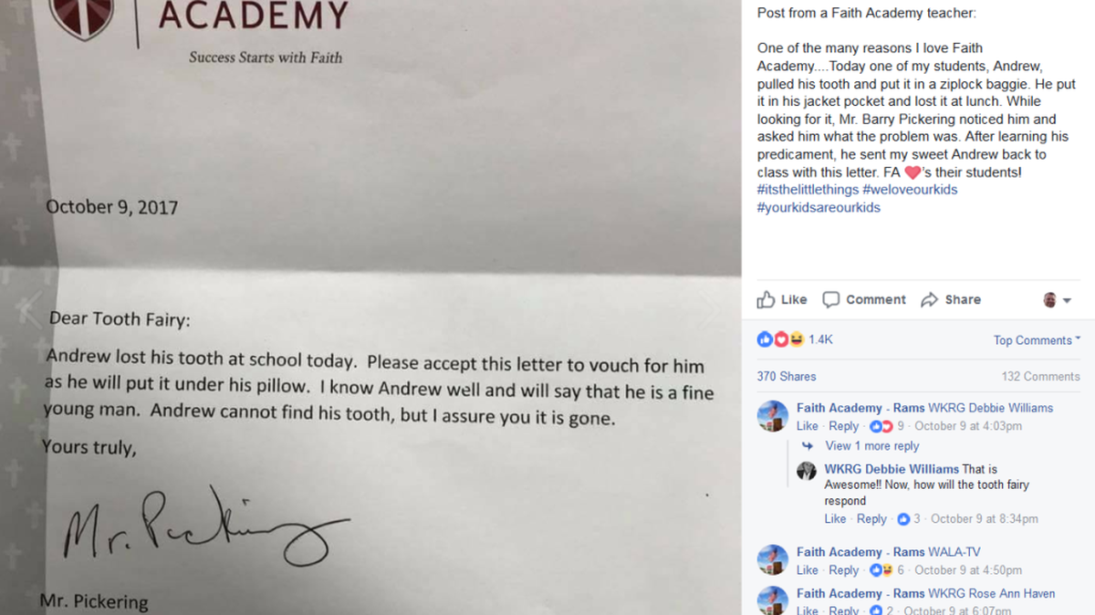 A Facebook post describes how Principal Barry Pickering lent a hand to a Faith Academy student in Mobile, Alabama, looking for his missing tooth for the Tooth Fairy.