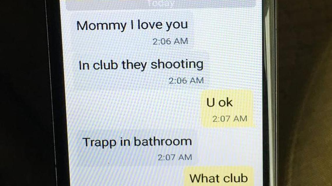 Mina Justice shows a text she received from her son, Eddie Justice, who was killed in a mass shooting at Pulse nightclub in Orlando, Fla., Sunday, June 12, 2016.