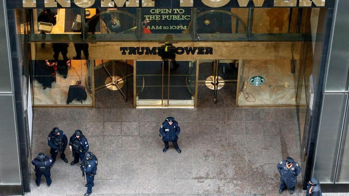 Police outside the Fifth Avenue public entrance to Trump Tower in New York.