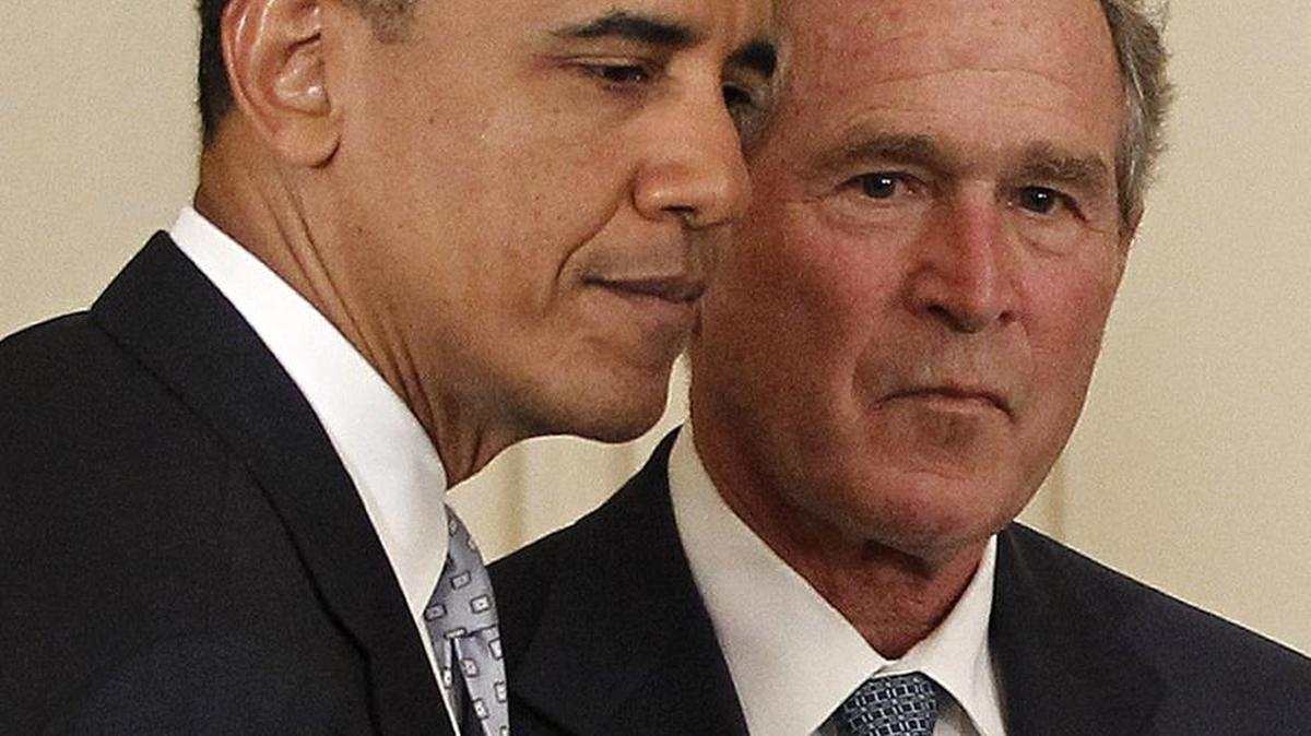 President Barack Obama and former President George W. Bush take part in a ceremony in the East Room of the White House in Washington in May 2002 to unveil the Bush portrait. Taunted by Republicans to declare war on “radical Islamic terrorism,” Democrats are turning to an unlikely ally: George W. Bush. “I was very proud after 9/11 when he was adamant and clear about the fact that this is not a war on Islam,” Obama said recently. His message to today’s Republican leaders: “They should follow his example. It was the right one. It was the right impulse.”