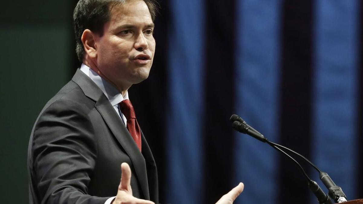 Sen. Marco Rubio, R- Fla., here speaking in Orlando, Fla. on Nov. 13, 2015, uses punch lines such as “I’m 44, but I feel 45,” and takes shots at his opponents with digs such as “Yesterday’s over,” that are supposed to make them seem old.