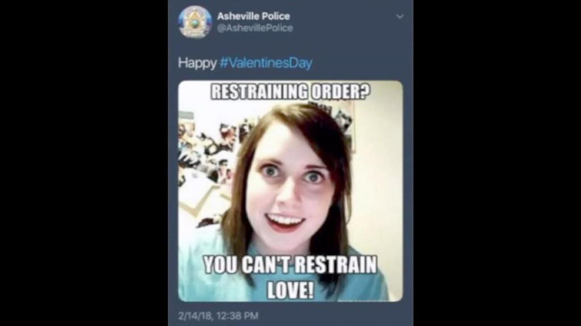 A screenshot of the Valentine’s Day meme the Asheville Police Department posted to its social media pages, and later deleted.