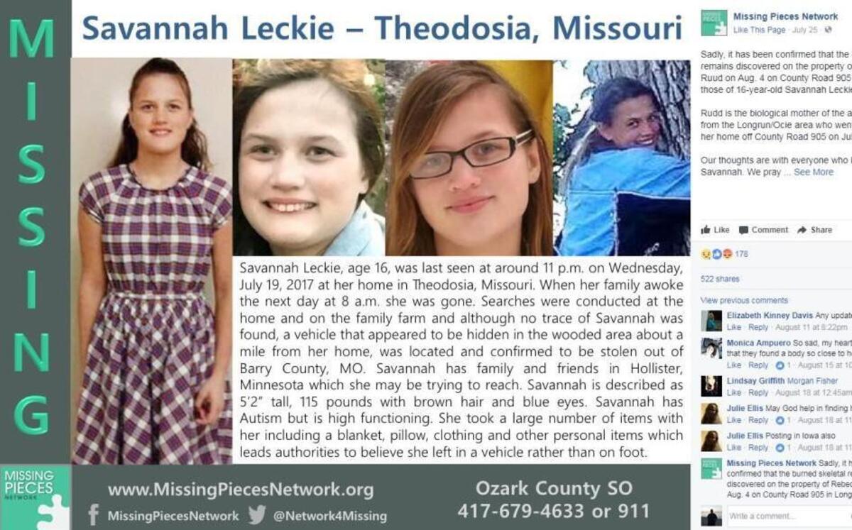 Human bones found in a burn pit on a rural southwest Missouri property are those of missing 16-year-old Savannah Leckie, authorities have confirmed.