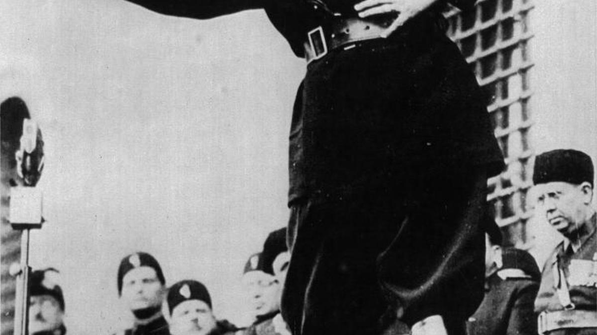 Fascist dictator Benito Mussolini, who ruled Italy for a quarter-century, is seen making a fiery speech in 1934.