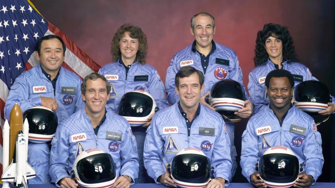 
 This undated file photo provided by NASA shows the crew of the Space Shuttle Challenger mission 51L. All seven members of the crew were killed when the shuttle exploded during launch on Jan. 28, 1986. From front left are Pilot Michael J. Smith, Commander Francis R. “Dick” Scobee, and mission specialist Ronald E. McNair. Rear left are mission specialist Ellison Onizuka, teacher Christa McAuliffe, payload specialist Gregory Jarvis, and mission specialist Judith Resnik. 
