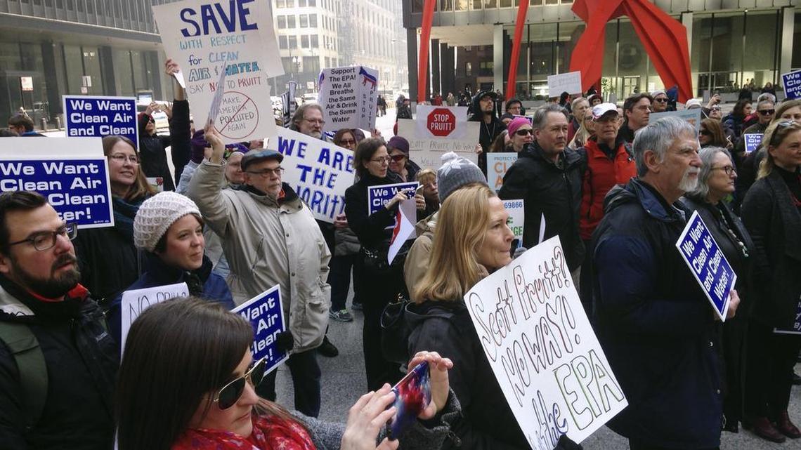 Environmental Protection Agency employees and environmental activists protested in Chicago on Feb. 6 against the nomination of Scott Pruitt to be the agency’s administrator. Employees in several federal environmental agencies are worried about their jobs and pressure they may face to enact pro-industry policies of the Trump administration.