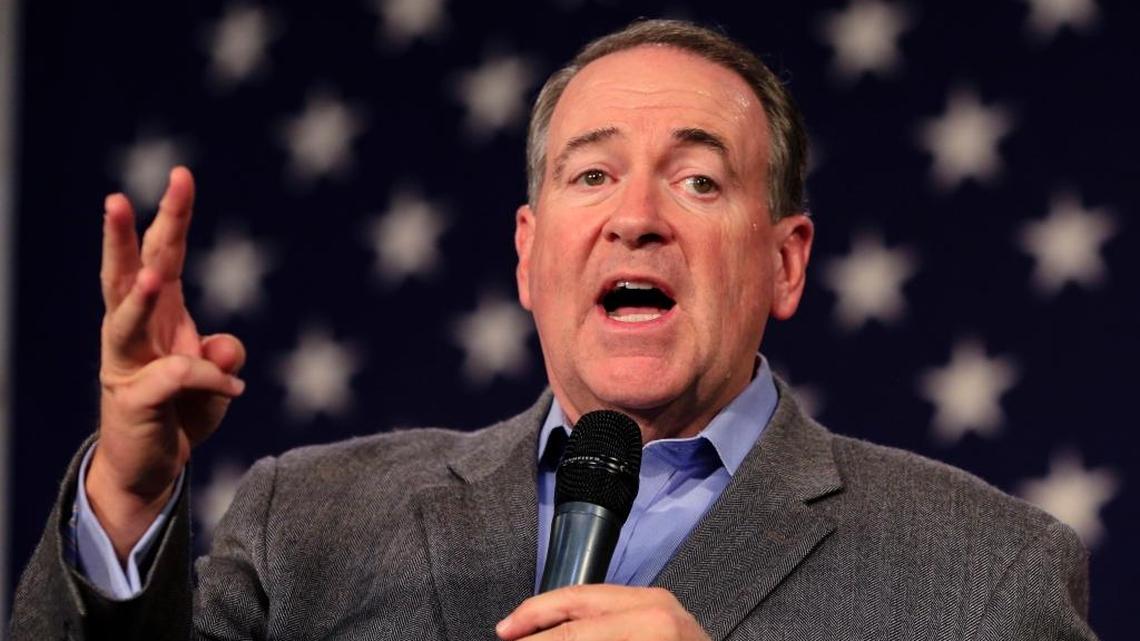 FILE - In this Oct. 31, 2015, file photo, Republican presidential candidate Mike Huckabee, speaks at the Iowa GOP's Growth and Opportunity Party at the Iowa state fair grounds in Des Moines, Iowa. Chris Christie and Huckabee have been relegated out of prime-time and onto the undercard at the Nov. 10, GOP presidential debate.