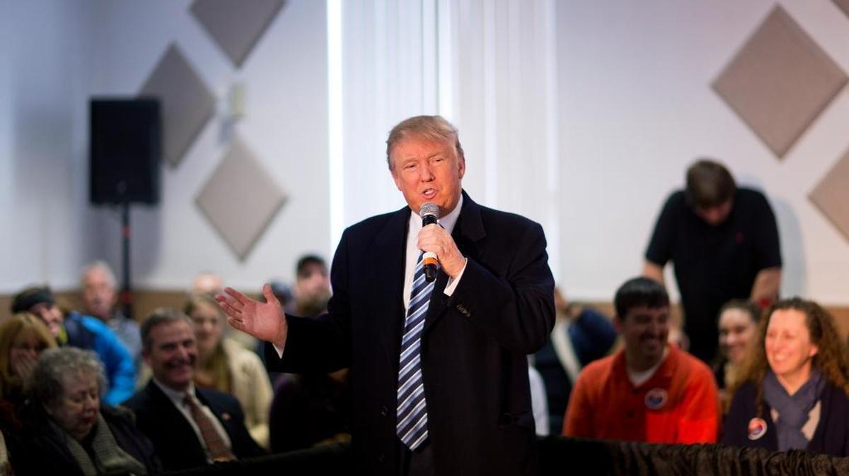 Republican presidential candidate Donald Trump speaks during a town hall campaign event at the Londonderry Lions Club on Monday, Feb. 8, 2016, in Londonderry, New Hampshire.