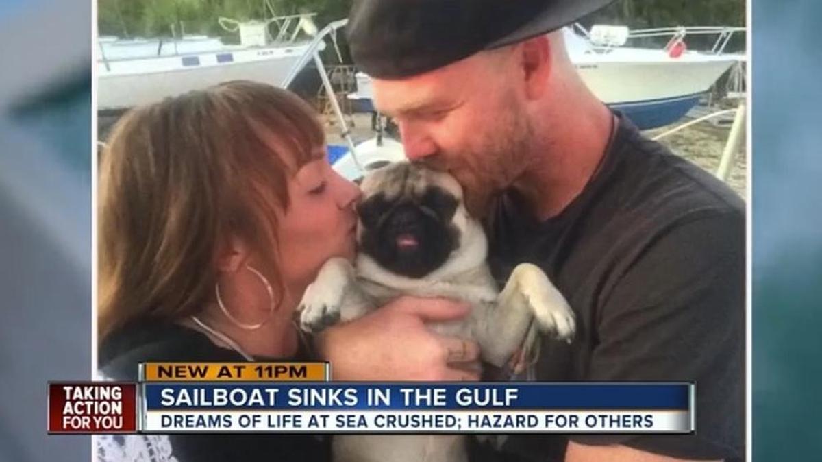 Tanner Broadwell, Nikki Walsh and their pet pug escaped injury when their 28-foot boat capsized in the Gulf of Mexico near Madeira Beach, Fla.