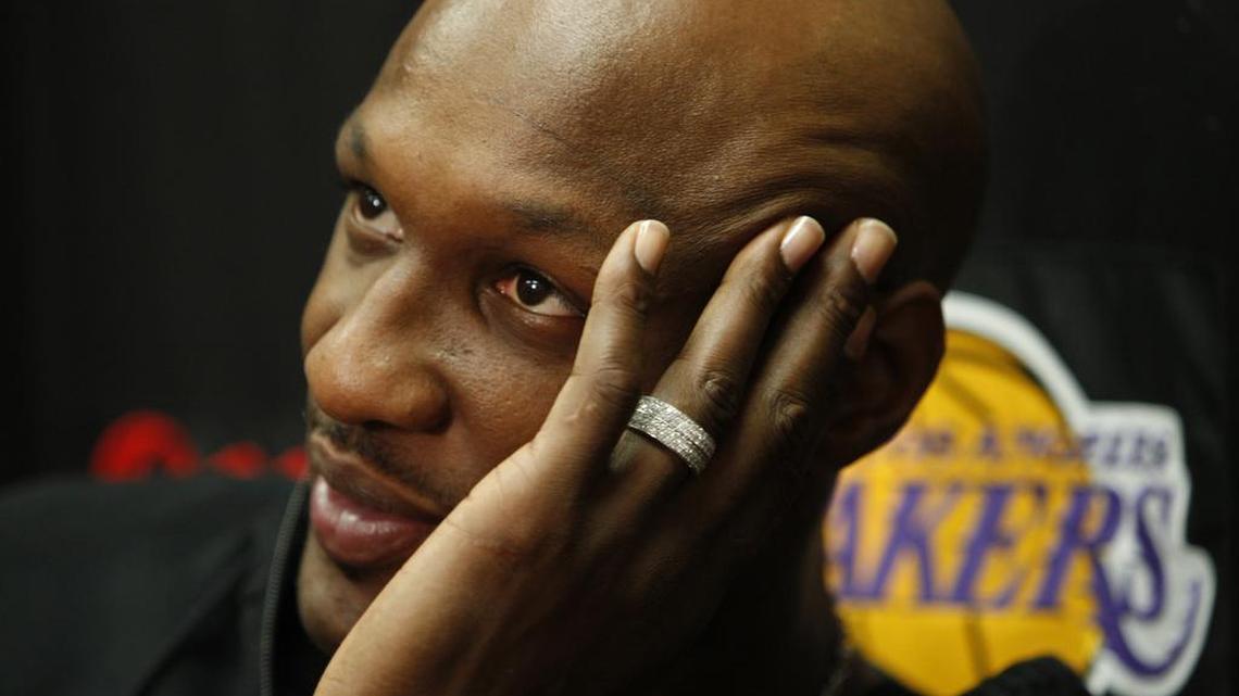 
This image dated May 11, 2011, shows Lamar Odom answering questions about the Los Angeles Lakers season that year. Odom is being treated at a hospital after collapsing at a legal brothel in the Nevada desert. 
