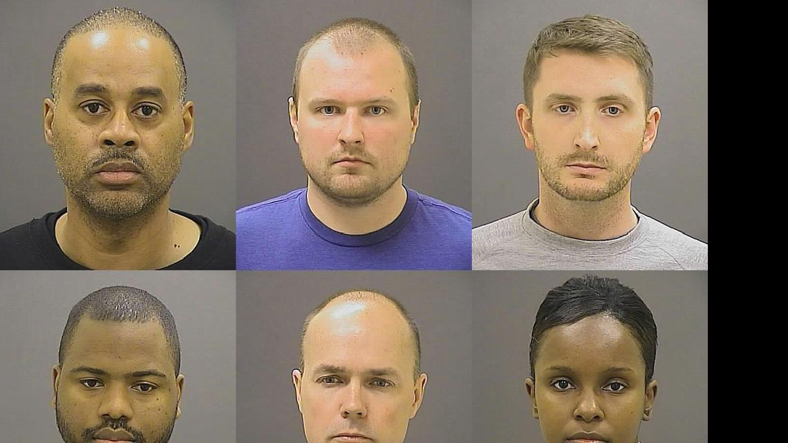 
This photo provided by the Baltimore Police Department on Friday, May 1, 2015, shows, top row from left, Caesar R. Goodson Jr., Garrett E. Miller and Edward M. Nero, and bottom row from left, William G. Porter, Brian W. Rice and Alicia D. White, the six police officers charged with felonies ranging from assault to murder in the death of Freddie Gray. 
