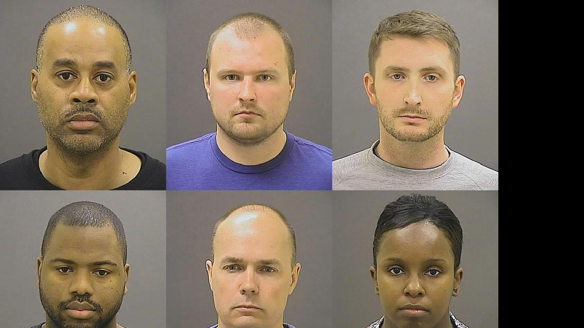 
This photo provided by the Baltimore Police Department on Friday, May 1, 2015, shows, top row from left, Caesar R. Goodson Jr., Garrett E. Miller and Edward M. Nero, and bottom row from left, William G. Porter, Brian W. Rice and Alicia D. White, the six police officers charged with felonies ranging from assault to murder in the death of Freddie Gray. 
