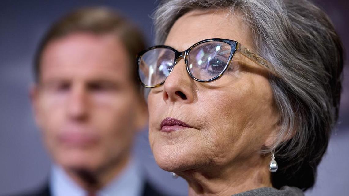 Sen. Barbara Boxer, D-Calif., right, and Sen. Richard Blumenthal, D-Conn., attend a news conference on Capitol Hill in Washington, Thursday, Dec. 3, 2015, to discuss gun control and related amendments to the reconciliation bill.